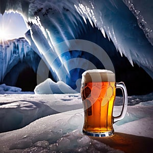 Pint of cold beer in blue ice frozen cave