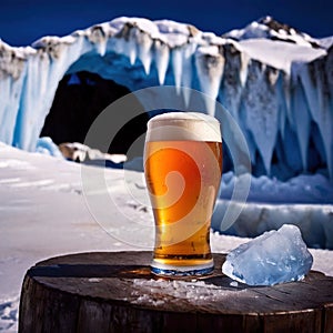 Pint of cold beer in blue ice frozen cave