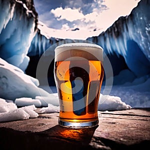 Pint of cold beer in blue ice frozen cave