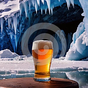 Pint of cold beer in blue ice frozen cave