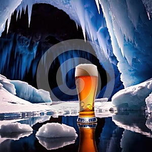 Pint of cold beer in blue ice frozen cave