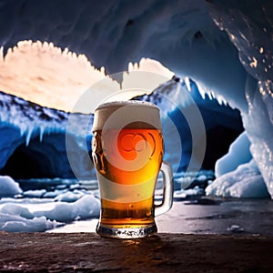 Pint of cold beer in blue ice frozen cave