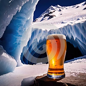 Pint of cold beer in blue ice frozen cave