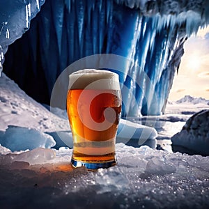 Pint of cold beer in blue ice frozen cave