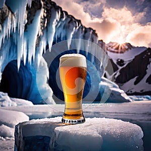 Pint of cold beer in blue ice frozen cave