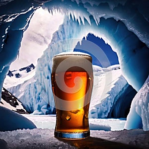 Pint of cold beer in blue ice frozen cave