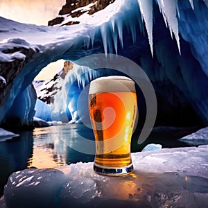 Pint of cold beer in blue ice frozen cave