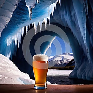 Pint of cold beer in blue ice frozen cave