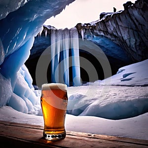 Pint of cold beer in blue ice frozen cave