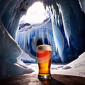 Pint of cold beer in blue ice frozen cave