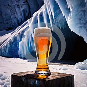 Pint of cold beer in blue ice frozen cave