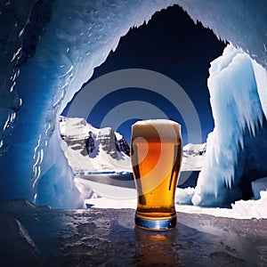 Pint of cold beer in blue ice frozen cave