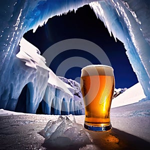 Pint of cold beer in blue ice frozen cave