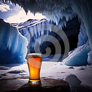 Pint of cold beer in blue ice frozen cave