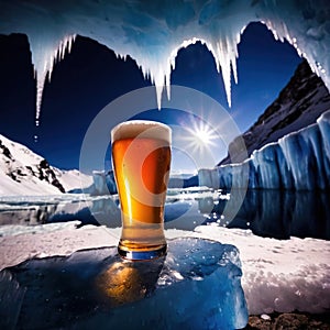 Pint of cold beer in blue ice frozen cave