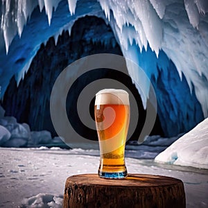 Pint of cold beer in blue ice frozen cave