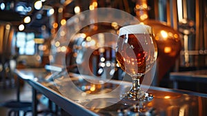 Pint of craft beer with a frothy head, in a brewery with copper tanks photo