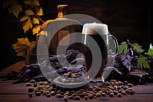 a pint of dark beer on a wooden table with scattered hops around