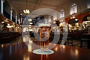 Pint of foaming beer in a glass on a bar counter