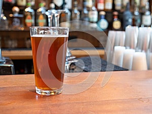 Pint glass of beer sitting on bar counter in the day time