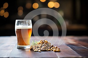 pint glass of craft beer with a bowl of mixed nuts on side