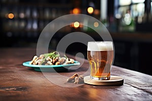 pint glass of craft beer with a bowl of mixed nuts on side