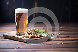 pint glass of craft beer with a bowl of mixed nuts on side