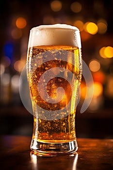 pint glass lager alcohol gold pub foam beer beverage drink. Generative AI.