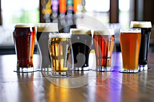 pint glasses of craft beer arranged on a bar with varying colors