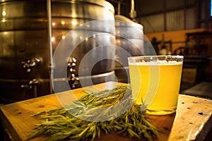 pint of saison beer in front of a large brewing vat photo