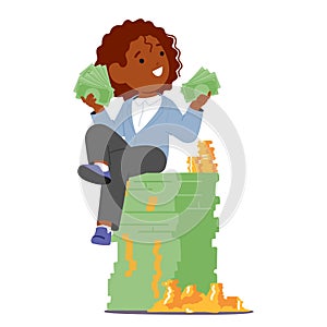 Pint-sized Tycoon Perches Atop A Mountain Of Dollars, Exuding Confidence. Child Businessman Character, Vector