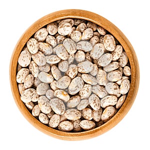 Pinto beans in wooden bowl over white