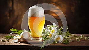 Floral Still Life: Pale Ale With Eggs On A White Kolsch Table photo