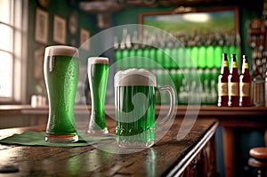 Pints of green beer on the bar in the pub, Green Thursday or St. Patrick`s Day custom