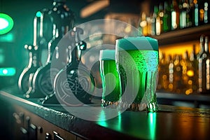 Pints of green beer on the bar in the pub, Green Thursday or St. Patrick`s Day custom