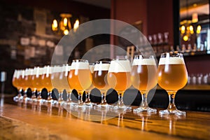 pints of saison beer lined up on a bar table