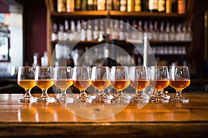 pints of saison beer lined up on a bar table