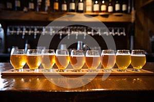 pints of saison beer lined up on a bar table