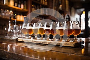 pints of saison beer lined up on a bar table