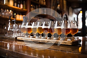pints of saison beer lined up on a bar table photo