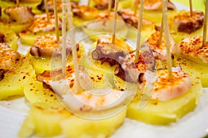 Pintxo of spanish octopus with potato and paprika