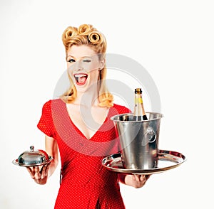 Pinup catering waiter with champagne and service tray. Restaurant serving presentation concept.