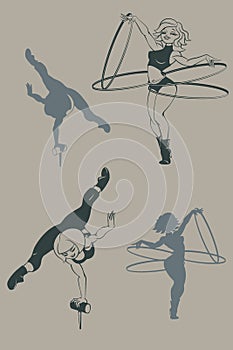 Pinup circus artist. silhouette, inkpen.