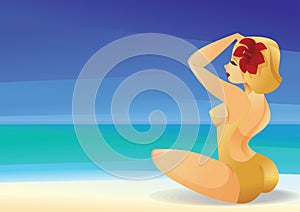 Pinup curvy blonde girl on ocean shore