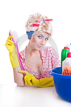 Pinup girl with cleaning set