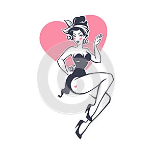 pinup girl onheart shape background for youe logo, label, print, emblem photo