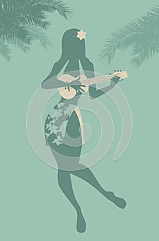 PinUp girl playing ukelele under palm trees.