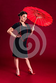 Pinup Girl with Red Umbrella