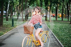 Pinup girl on retro bicycle with backet of flowers photo