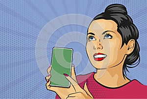 Pinup girl with Smartphone. Beautiful woman showing on the display of her phone. Vector illustration